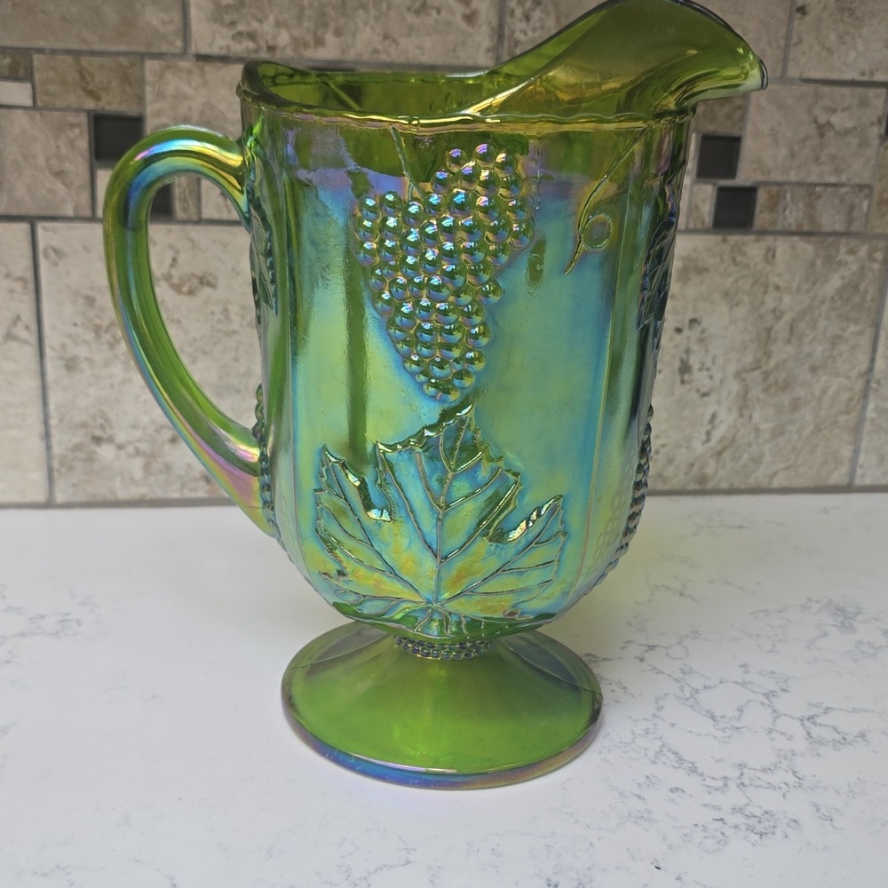 Vintage MCM Indiana Carnival Glass Iridescent Green Harvest Grape Pitcher 1960s